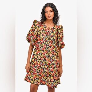 Ganni Black Dress with Red and Yellow Floral Pattern